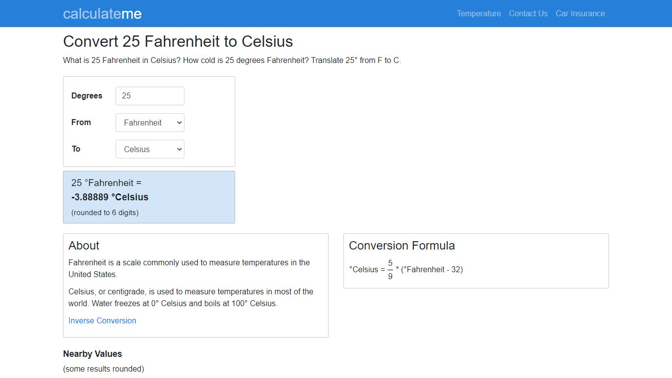 Convert 25 Fahrenheit to Celsius - CalculateMe.com