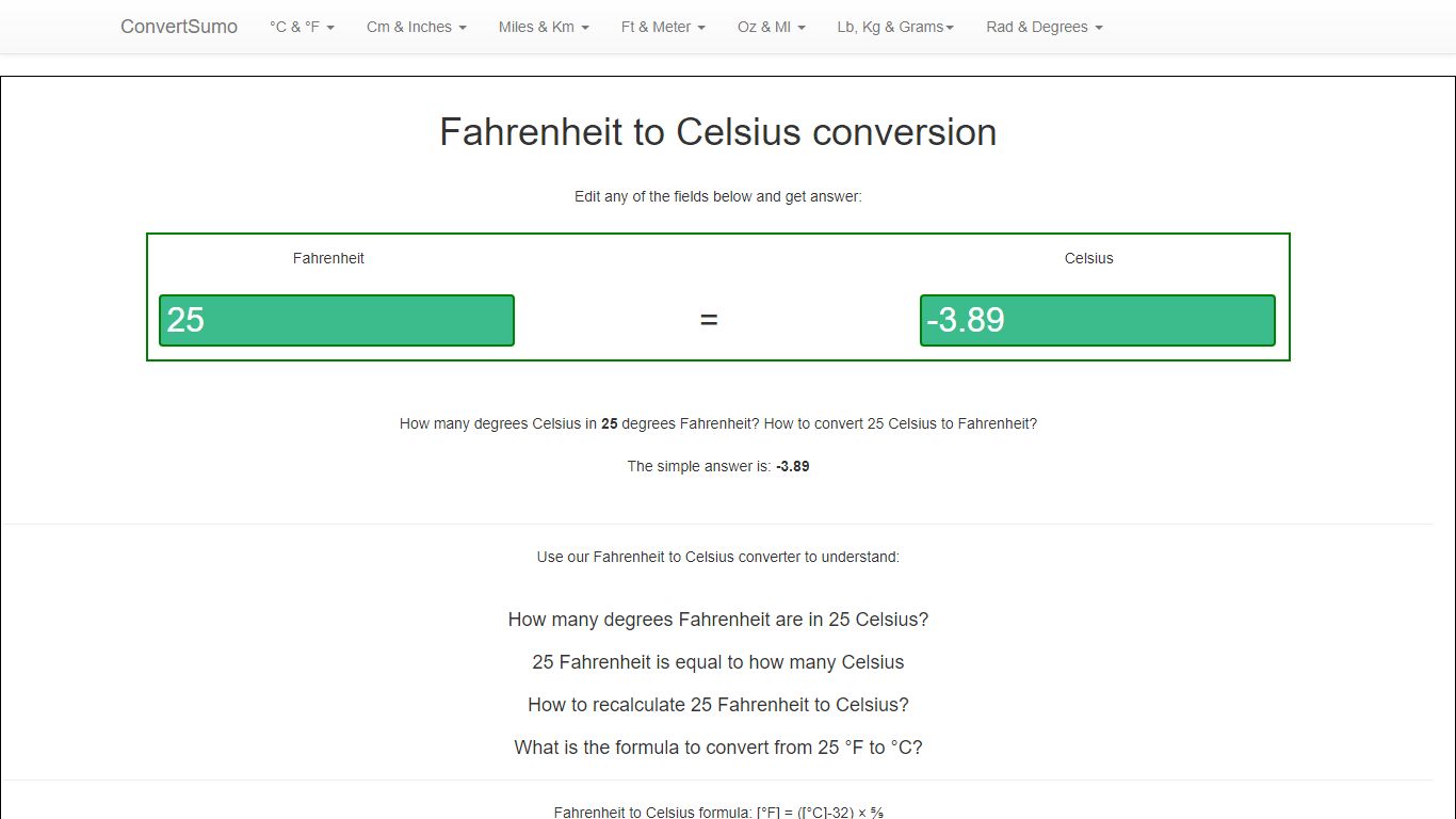 25 fahrenheit to celsius. Convert 25 fahrenheit to celsius