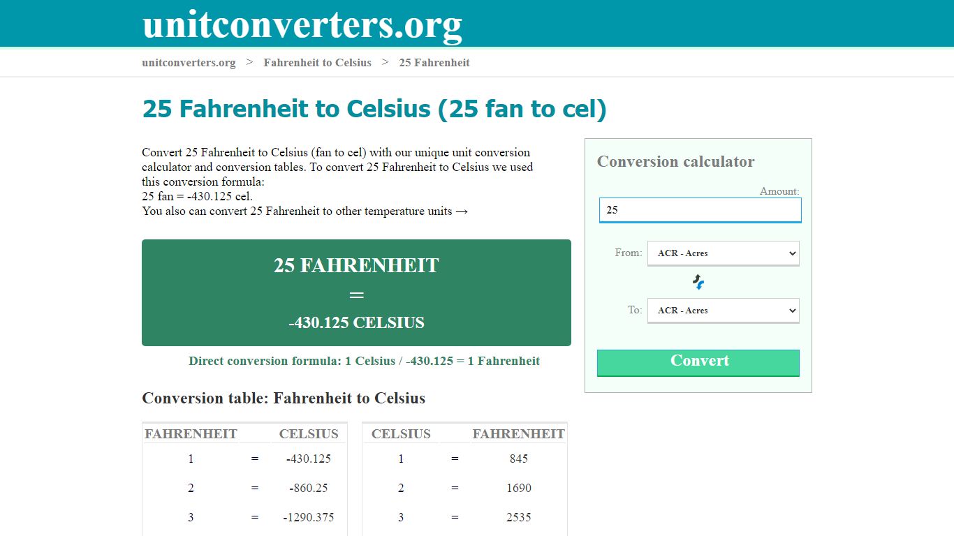 25 Fahrenheit to Celsius (25 fan to cel) - unitconverters.org