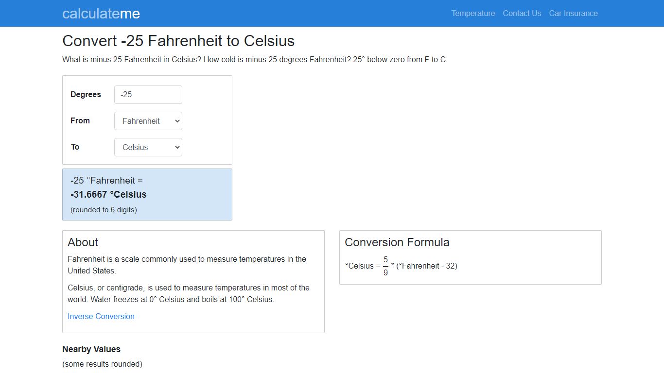 Convert -25 Fahrenheit to Celsius - CalculateMe.com